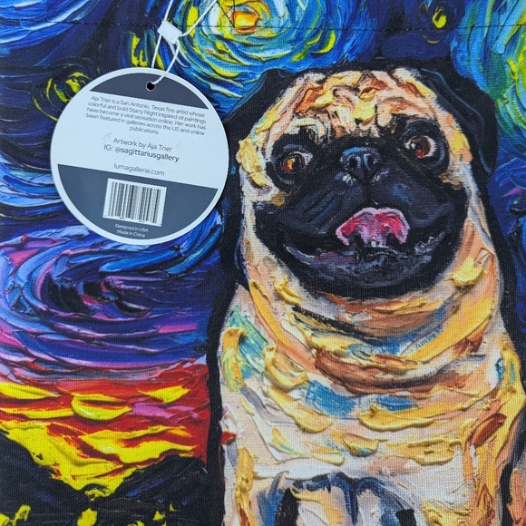Tote Bag Fawn Pug Night By Aja Trier Poly Poplin Multicolor NWT - Picture 8 of 9